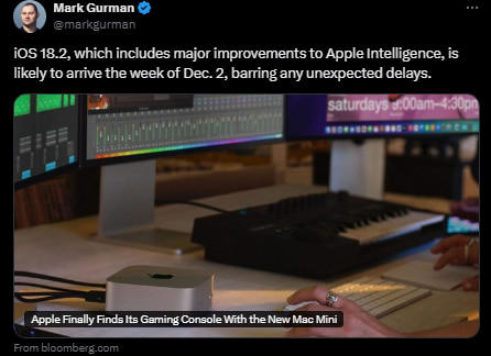 iOS 18.2, featuring ChatGPT, is anticipated to launch in the first week of December.
